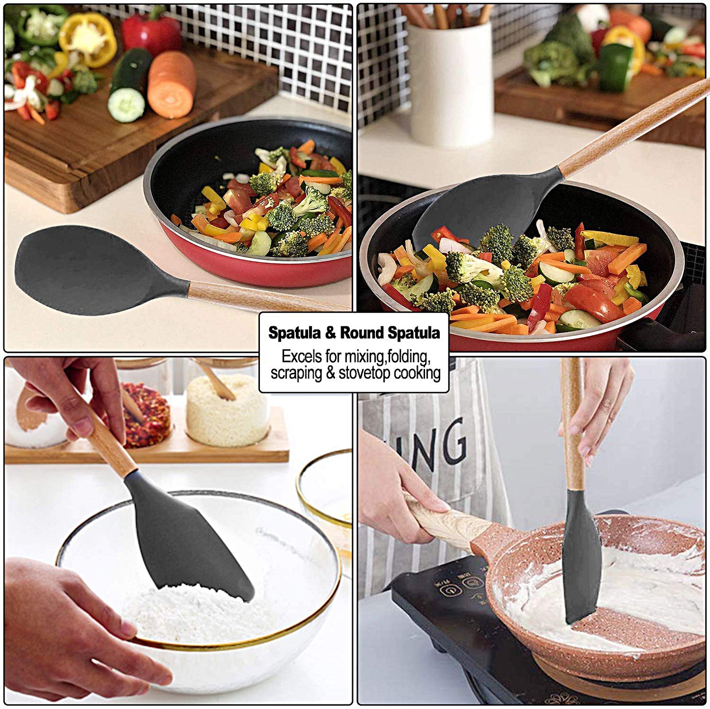 Silicone Kitchen Utensils Spoon Spatula Cooking Cookware Tools with Holder - SIL-SPOON