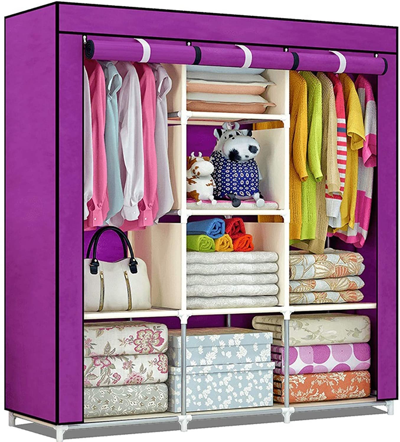 Fancy & Portable Fabric Collapsible Foldable Clothes Closet Wardrobe Storage Rack Organizer Cabinet 3 Door Wardrobe (Purple) - 88130A-PR