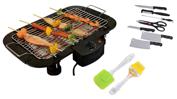 Charcoal Briefcase Style Portable Folding Chromium Steel Barbeque Grill Toaster (Electric BBQ - Medium with Kitchen Knife Cooking Brush)