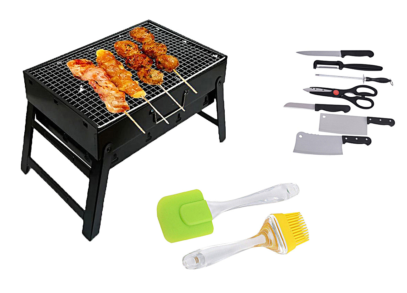 Charcoal Barbeque Grill with Cooking Silicon Spatula Brush and Kitchen Knife Set