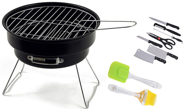 Charcoal Round Barbeque Grill with Cooking Silicon Spatula Brush and Kitchen Knife Set