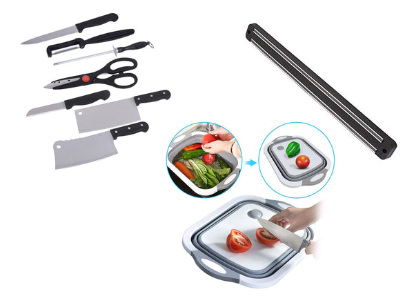 Stainless Steel Kitchen Knife Knives Set with Magnetic Knife Holder and Chopping Board (Knife Set,Knife Holder,Chopping Board) - CMHKNHNG3in1