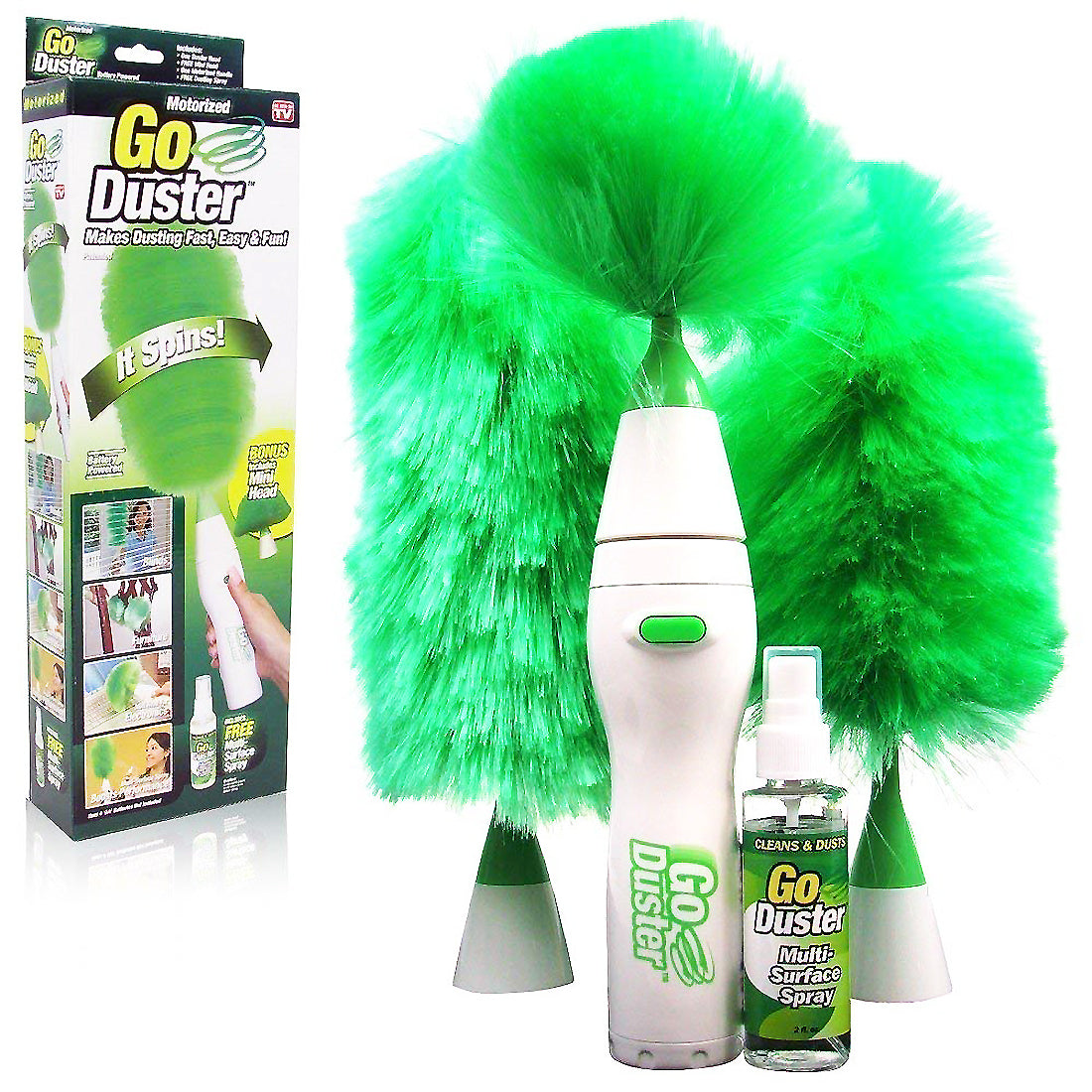 Go Duster Electric Feather Spin Home Duster, Electronic Motorized Green Cleaning Brush Set - GODUSTER