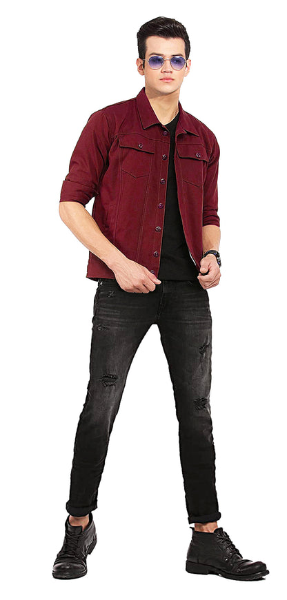 Men Regular Fit Washed Full Sleeve Cotton Jacket - Maroon