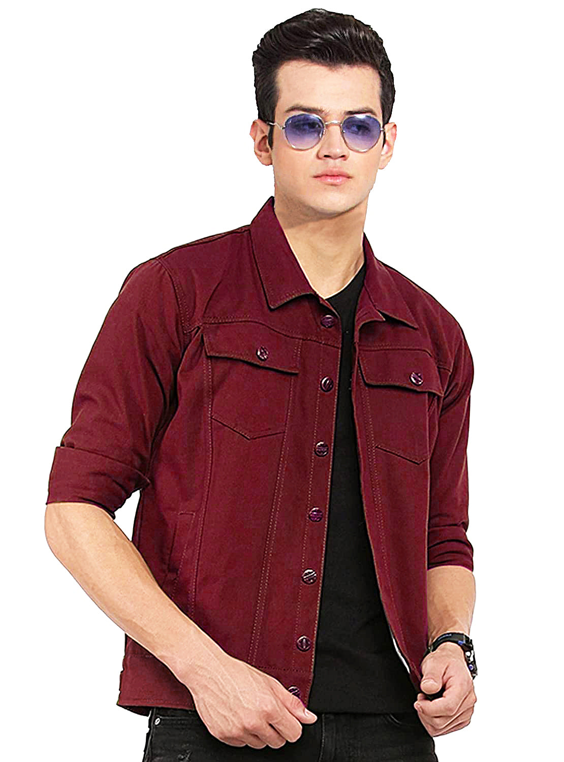 Men Regular Fit Washed Full Sleeve Cotton Jacket - Maroon