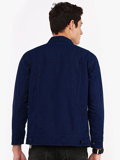 Men Regular Fit Washed Full Sleeve Cotton Jacket - Navy Blue