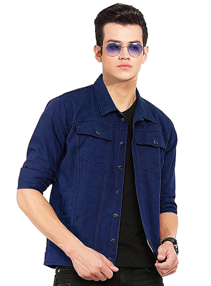 Men Regular Fit Washed Full Sleeve Cotton Jacket - Navy Blue