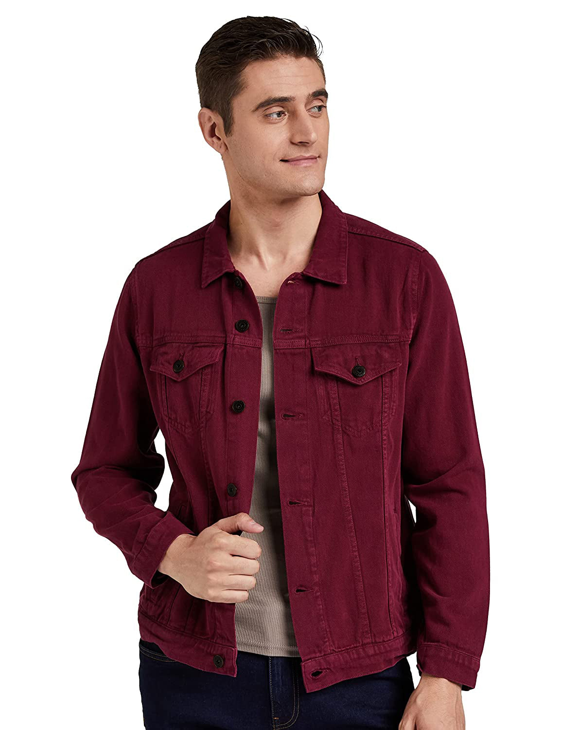 Men Regular Fit Washed Full Sleeve Denim Jacket - Maroon