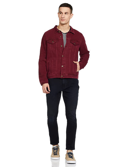 Men Regular Fit Washed Full Sleeve Denim Jacket - Maroon