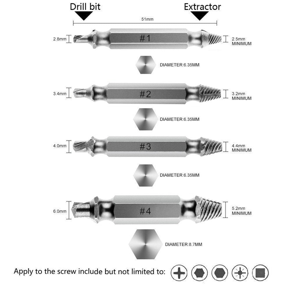 Speed Out Damaged Screw Extractor 4 Piece Set for Any Size Screw OR Bolt - SOUT21